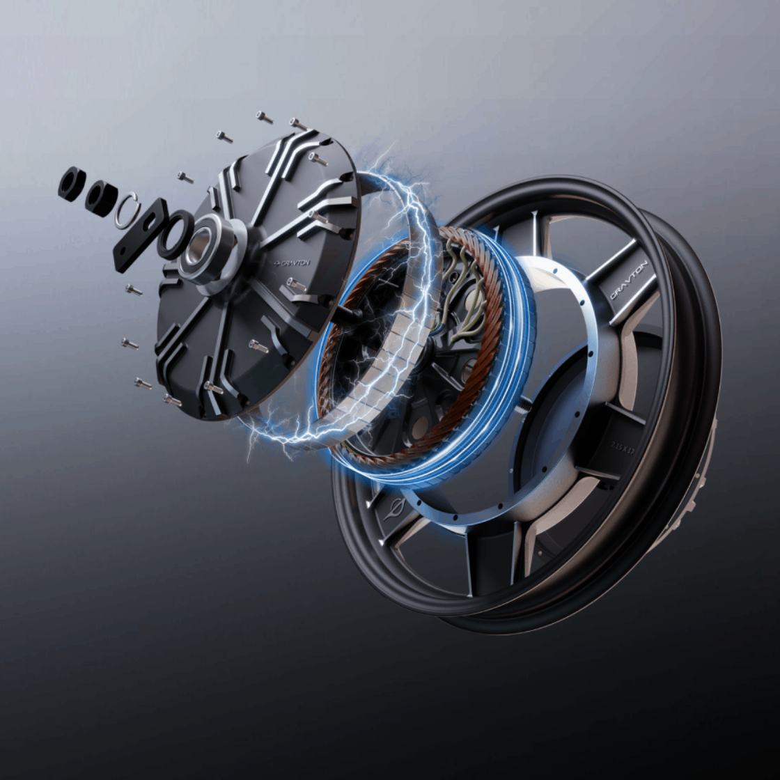 Exploded view of the Gravton Quanta hub motor and wheel assembly